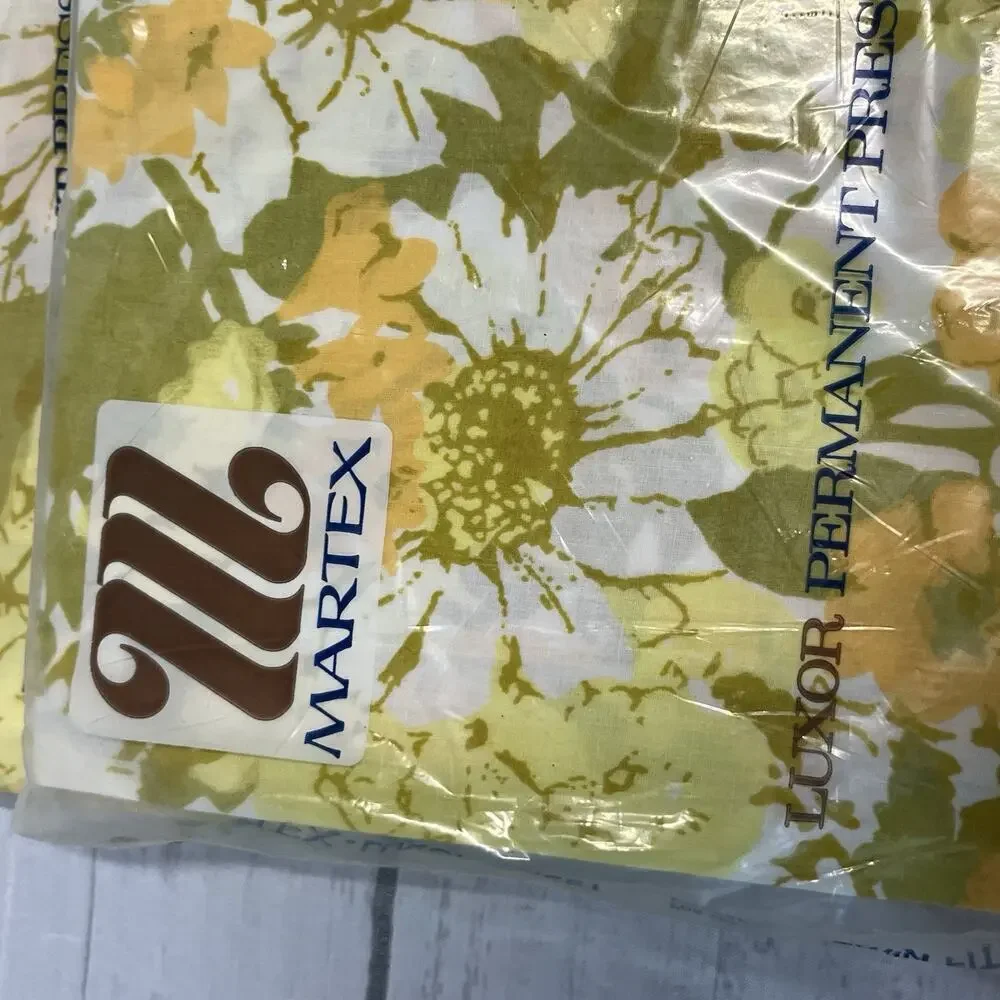 Vintage Martex Luxor Percale Twin Fitted Sheet Set 3pc Yellow Green Pillowcases